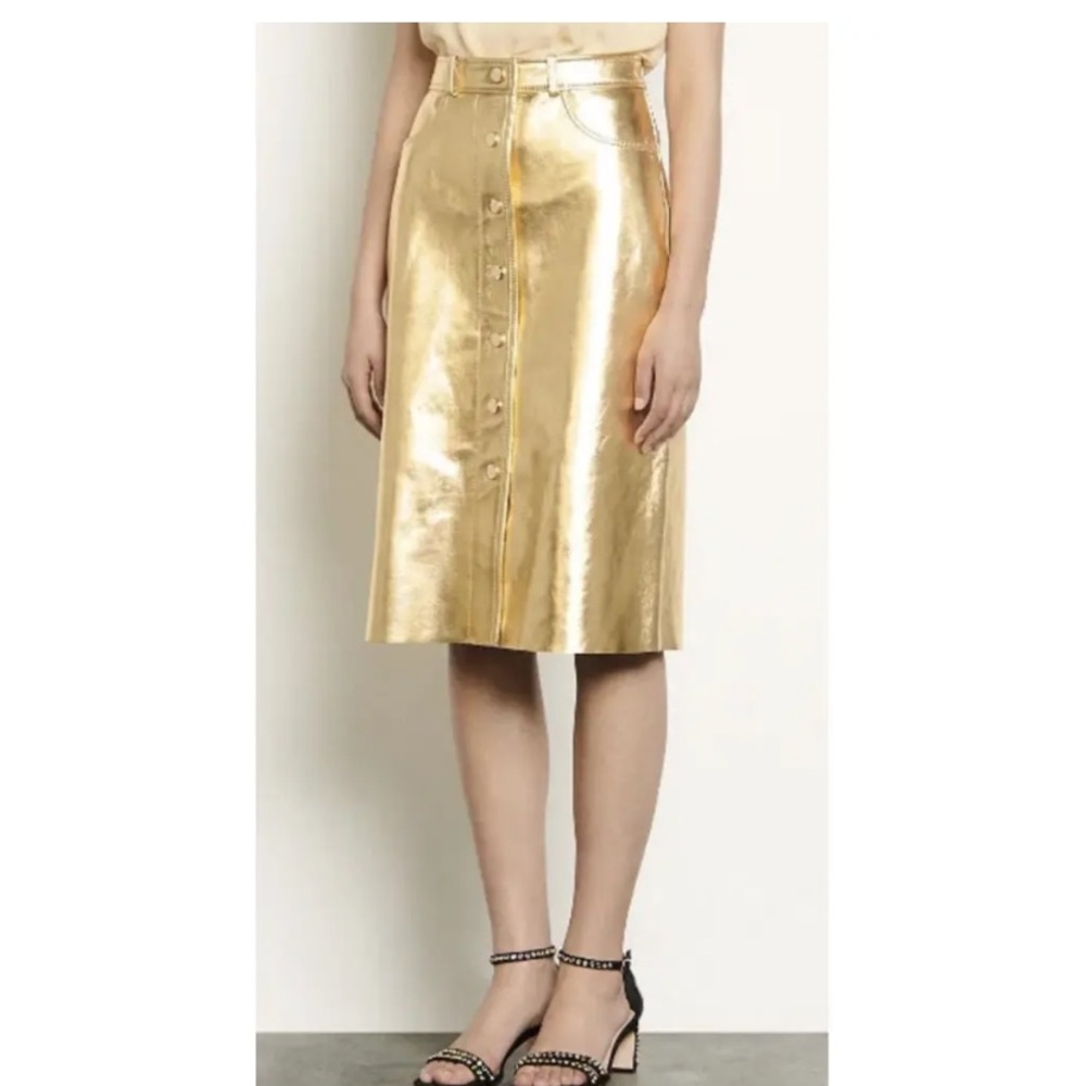 Sandro Gold Metallic Snap Button Front Skirt - image 1